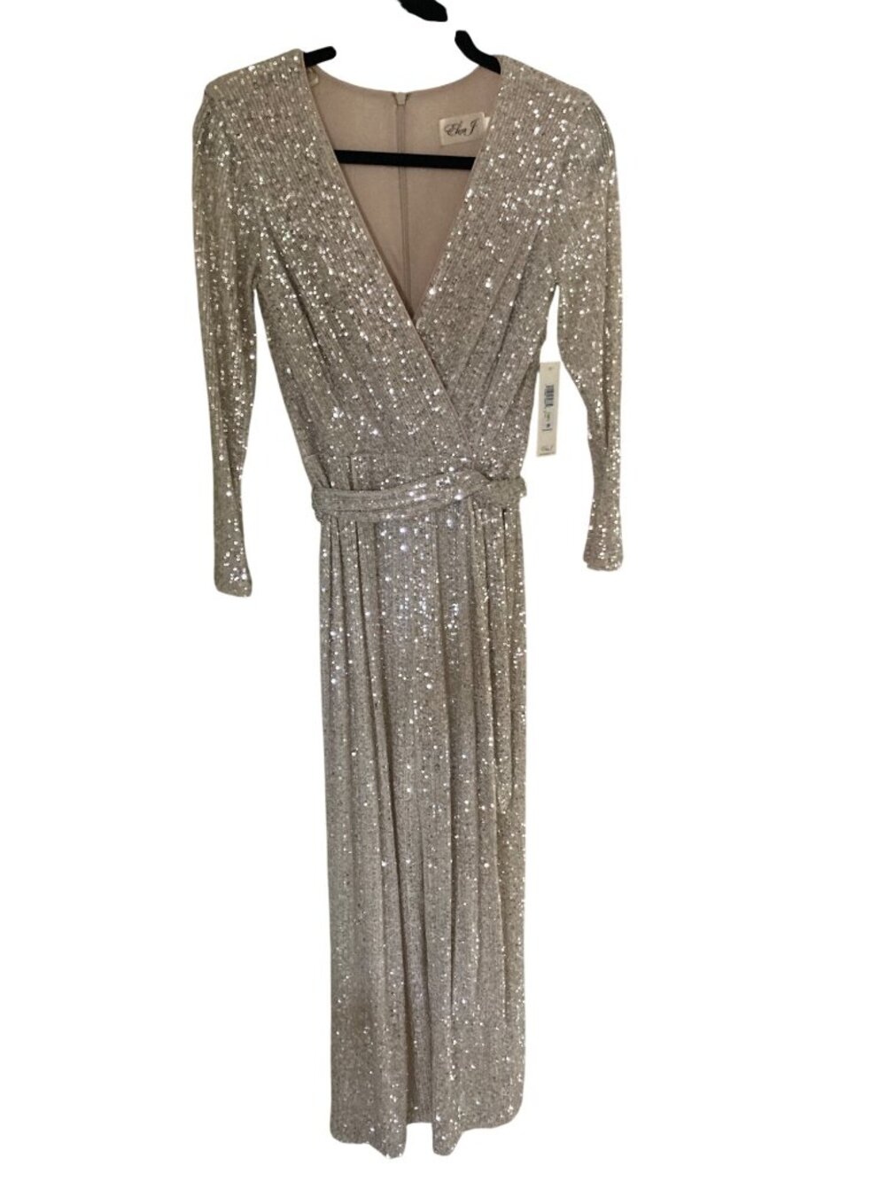 Eliza J Women's Long-Sleeve Social-Sequin Jumpsuit Silver 4P NWT - Picture 3 of 10